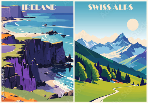 Set of Travel Destination Posters in retro style. Ireland, Swiss Alps landscape prints. Exotic summer vacation, holidays concept. Vintage vector colorful illustrations