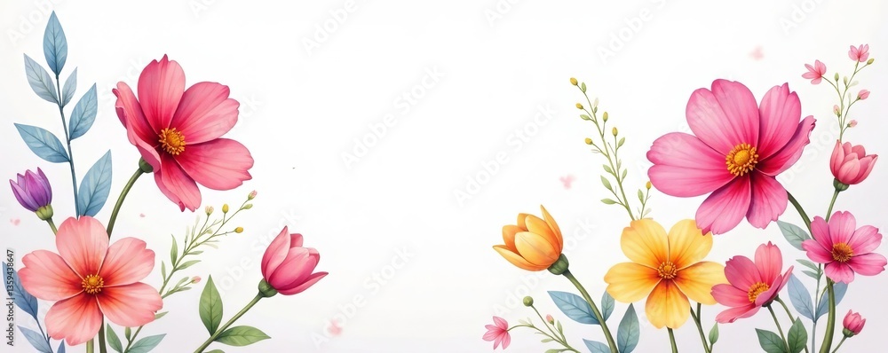 Vibrant watercolor flowers in pastel hues floating on white backdrop, spring, colorful, nature Vibrant watercolor flowers in pastel hues floating on white backdrop, spring, colorful, nature