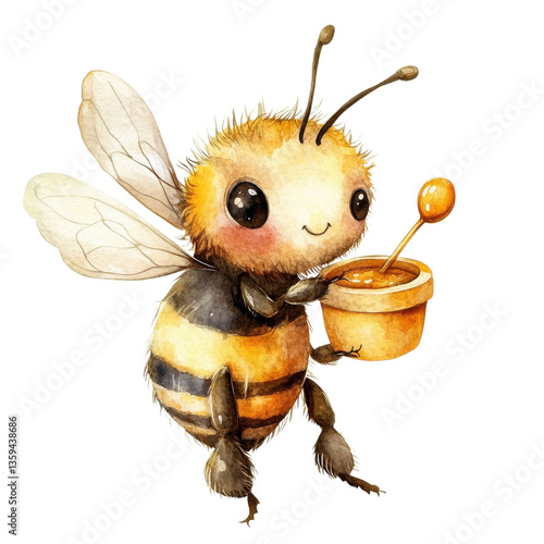 Cute bee holding honey pot on transparent background.