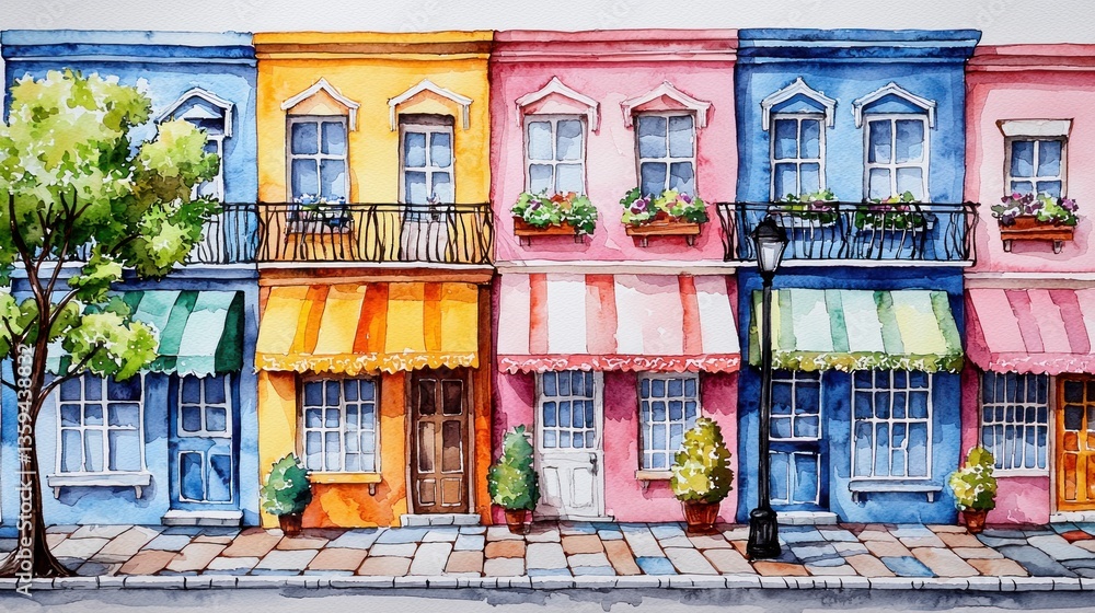 Fototapeta premium Colorful Row of Charming Houses with Flower Boxes and Awnings