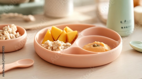 Baby food meal with mango, oatmeal, and puree on a divided plate