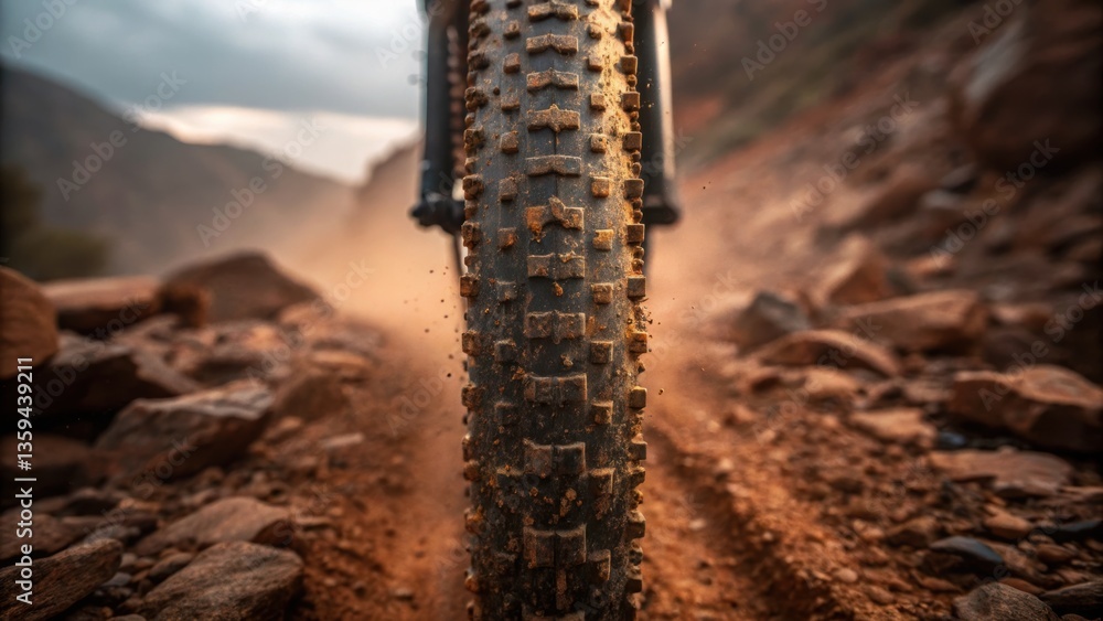 Fototapeta premium Close-up of a bike tire on a rugged trail, kicking up dust and water droplets, showcasing an adventurous outdoor scene.