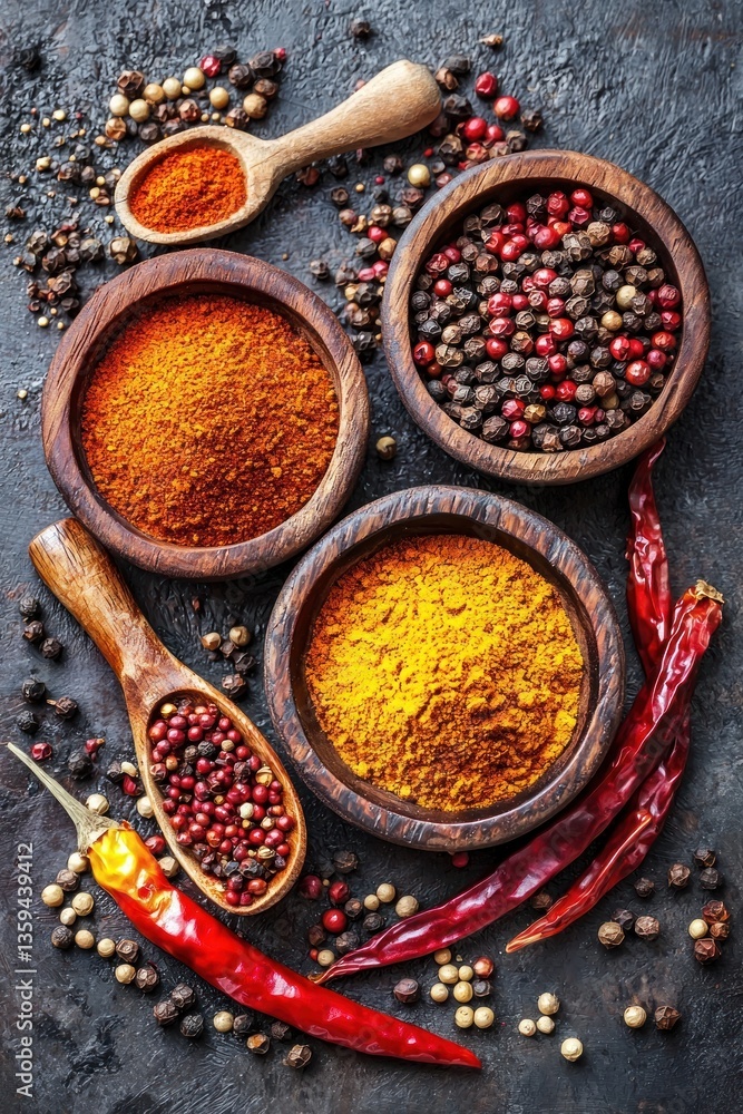 Vibrant Assortment of Spices and Herbs in Wooden Bowls on Dark Surface Vibrant Assortment of Spices and Herbs in Wooden Bowls on Dark Surface