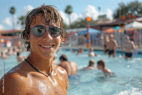 Teenage boy, sunglasses, smiling by a bustling pool; sunbathers, swimmers, and splashers behind