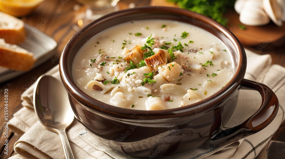 Classic New England Clam Chowder: Creamy White Soup with Clams and Potatoes in a Cozy Setting Classic New England Clam Chowder: Creamy White Soup with Clams and Potatoes in a Cozy Setting