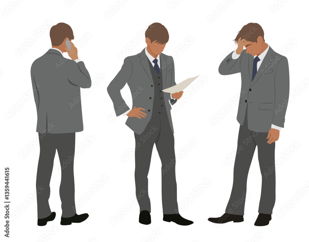 Set of Businessman character in different poses. Handsome man wearing formal suit standing, talking on phone, reading document, front, rare, side view. Vector realistic illustration isolated Set of Businessman character in different poses. Handsome man wearing formal suit standing, talking on phone, reading document, front, rare, side view. Vector realistic illustration isolated