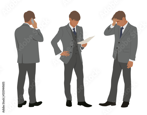 Set of Businessman character in different poses. Handsome man wearing formal suit standing, talking on phone, reading document, front, rare, side view. Vector realistic illustration isolated