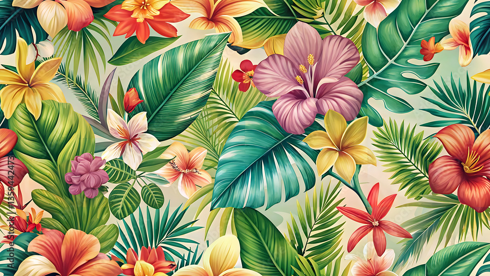 Naklejka premium Lush tropical paradise bursting with vibrant blooms and rich foliage, a vivid tapestry of exotic flowers and leaves in a warm, inviting light.