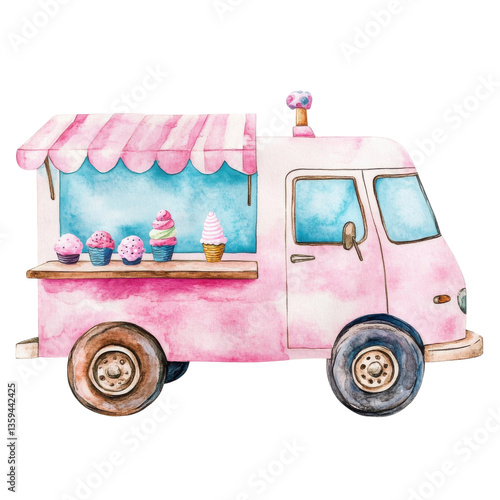 Watercolor ice cream truck illustration, pink dessert van with awning, sweet frozen treat cart graphic for kids party isolated on Transparent Background