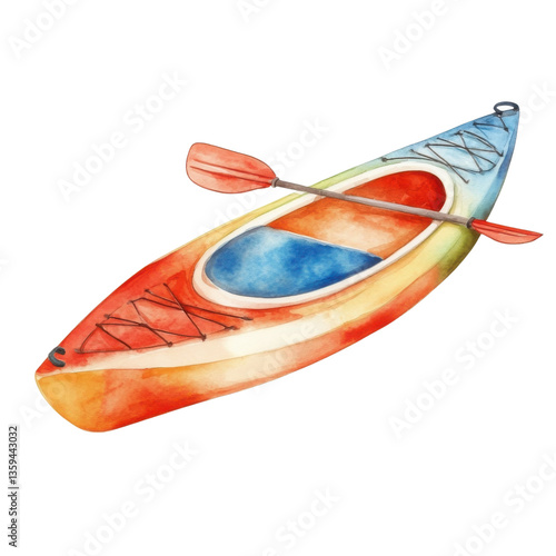 Watercolor kayak and paddle on transparent background.