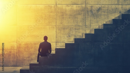 A Solemn Moment: Individual Sitting at the Base of a Stairway, Contemplating Life's Challenges and the Strength Needed to Ascend towards Success