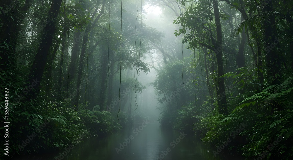 Naklejka premium Fondo de pantalla de un bosque brumoso y densos árboles.