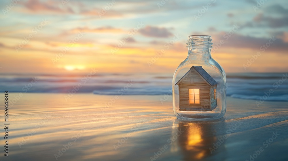 Glass bottle containing a small house sits on a sunlit beach, waves washing gently in the background, pastel-colored sky at dawn, tranquil and symbolic setting. Glass bottle containing a small house sits on a sunlit beach, waves washing gently in the background, pastel-colored sky at dawn, tranquil and symbolic setting.