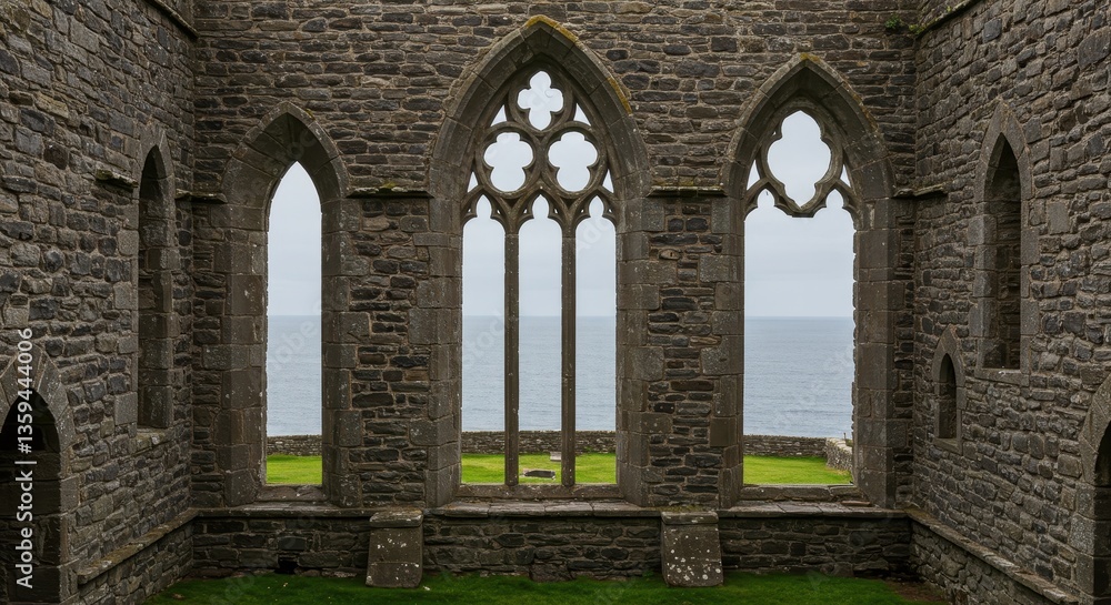 Fototapeta premium Ocean View Through Ancient Ruins: A Coastal Monastery's Gothic Windows