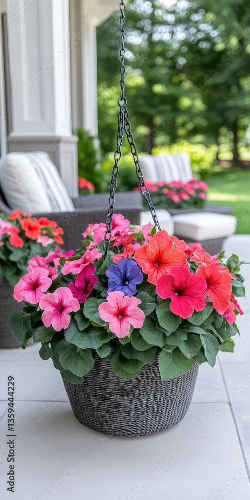 Obraz premium Colorful Overflowing Hanging Flower Basket on a Summer Patio With Furniture in the Backdrop