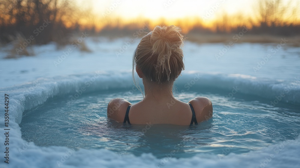 Winter Wonderland: Woman Relaxing in a Frosty Hot Spring at Sunset Winter Wonderland: Woman Relaxing in a Frosty Hot Spring at Sunset