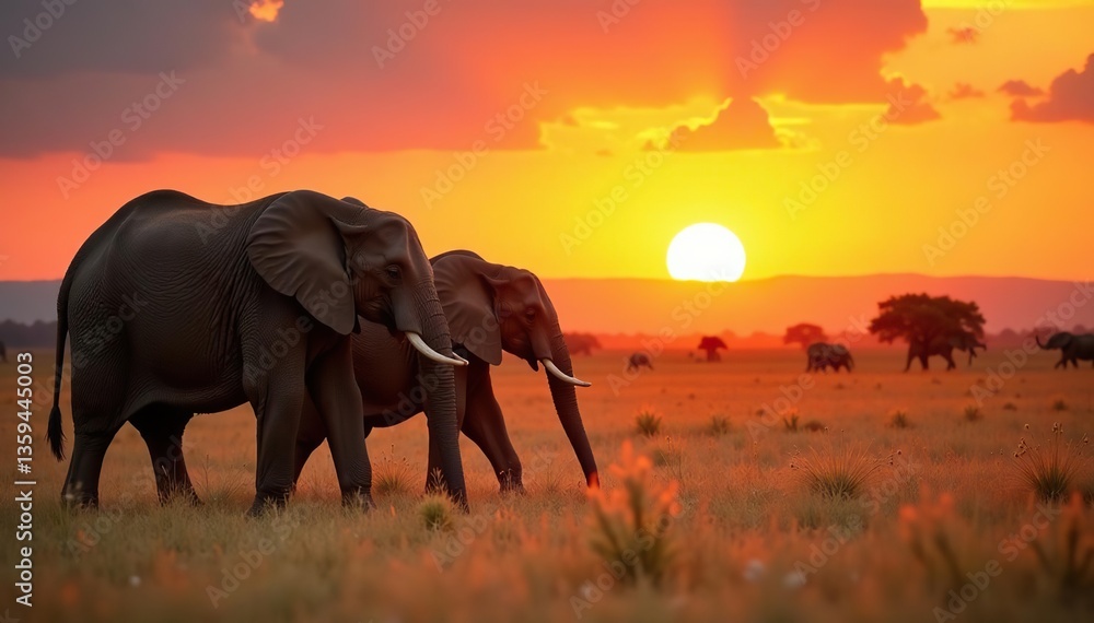 Fototapeta premium Elephants walking through dry grass field at sunset with sun and trees, sun, large
