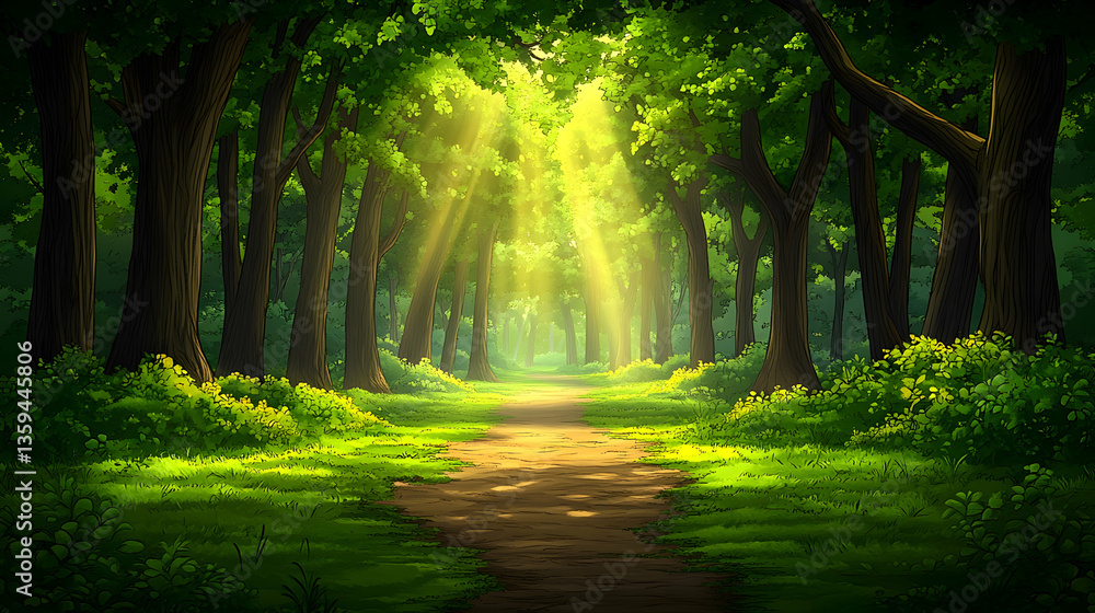 Fototapeta premium A sunlit path meanders through a lush green forest casting shadows on the path Trees canopy the light creating an eth