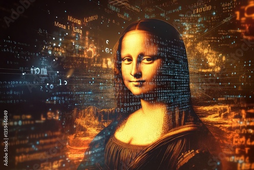 Holographic mona lisa surrounded by digital text and shapes in futuristic setting