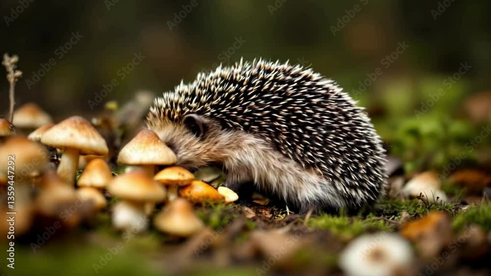 A hedgehog snuffles through a patch of mushrooms, pausing to nibble on one before continuing its search for food A hedgehog snuffles through a patch of mushrooms, pausing to nibble on one before continuing its search for food
