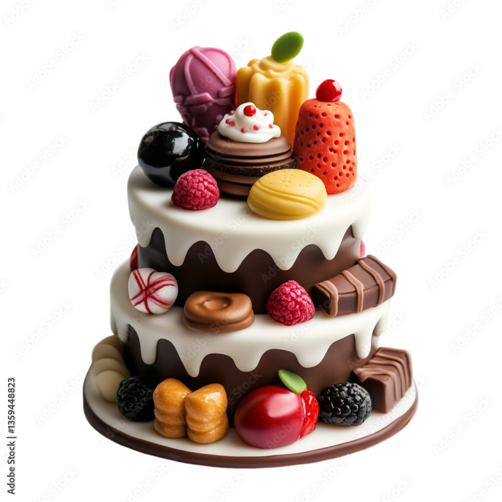 Delicious Two Tiered Chocolate Cake with Assorted Sweets and Berries, Delicious Two Tiered Chocolate Cake with Assorted Sweets and Berries,