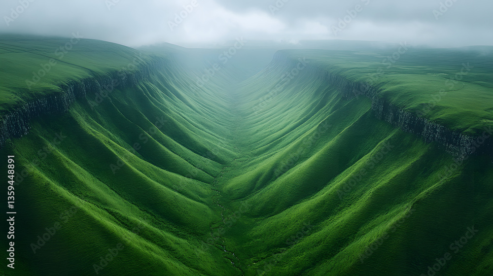 Obraz premium Nature's Embrace: a breathtaking aerial view of a vibrant green valley, shrouded in a gentle mist, sculpted by nature's hand.
