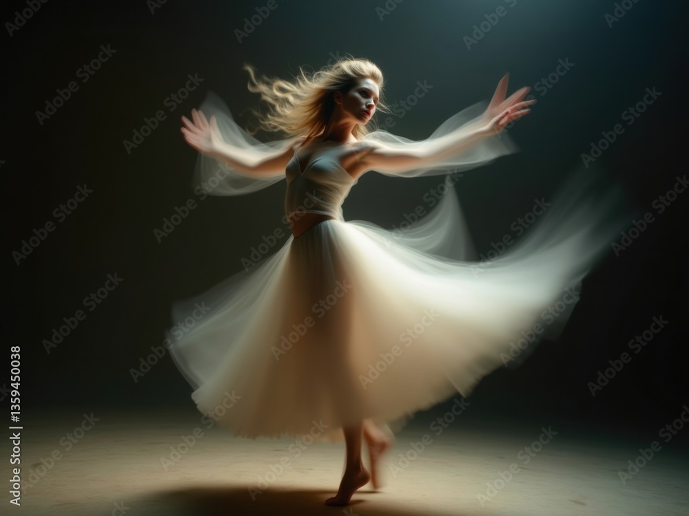 Naklejka premium Movimiento borroso de una bailarina, que captura un movimiento fluido con rayas de luz y un efecto distorsionado y etéreo