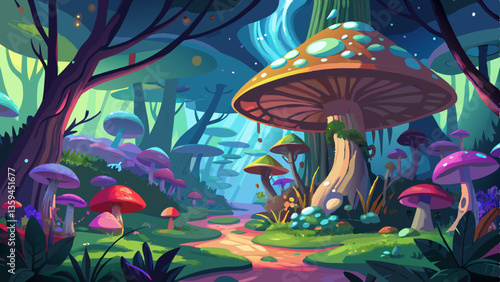 Magical mushroom in fantasy enchanted fairy tale forest. Neural network generated in January 2024. Not based on any actual scene or pattern.