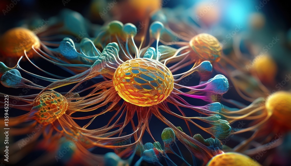 Obraz premium Vibrant representation of complex cellular structures illuminates research in science and medicine.