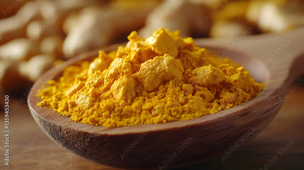 Golden Turmeric: A close-up shot of vibrant, finely ground turmeric on a wooden spoon, with ginger roots artfully arranged in the background, representing the essence of wellness and culinary delight. Golden Turmeric: A close-up shot of vibrant, finely ground turmeric on a wooden spoon, with ginger roots artfully arranged in the background, representing the essence of wellness and culinary delight.