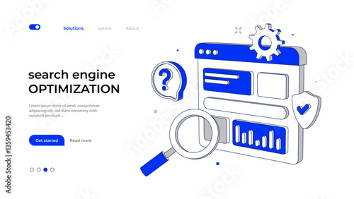 Interface web page with magnifier and gear. Vector illustration for marketing social media concepts and search engine optimization.