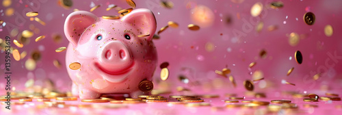 A pink piggy bank with a wide smile, golden coins floating mid-air around it