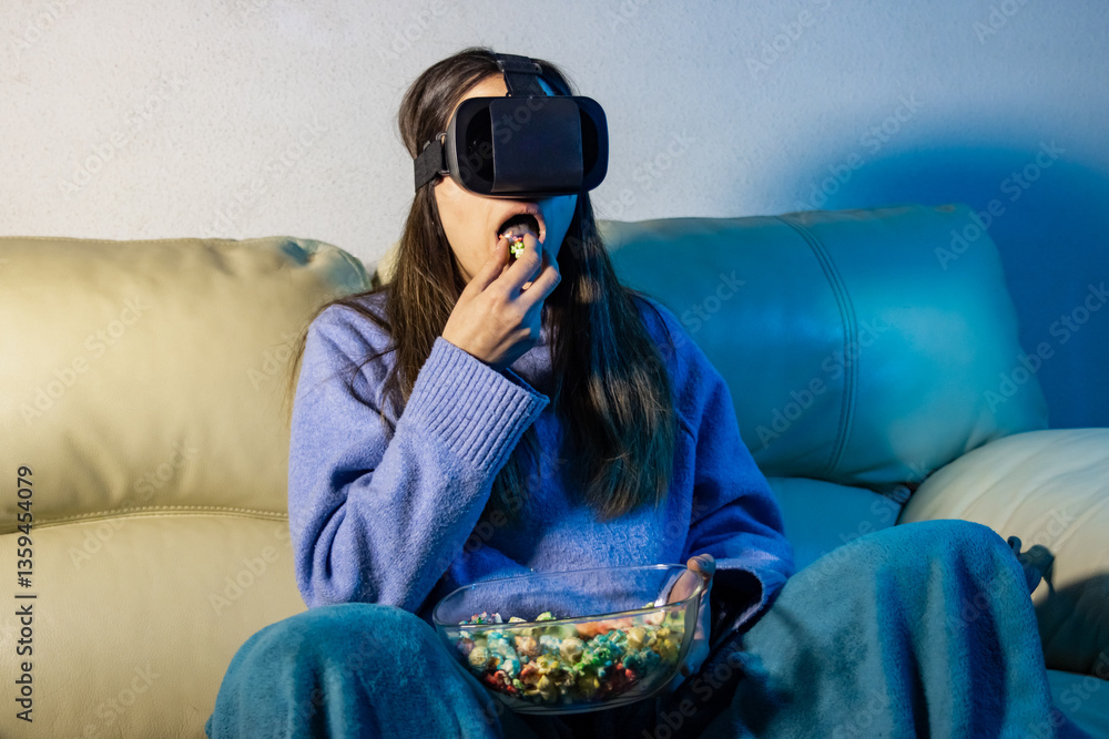 Obraz premium Young woman wearing vr headset eating popcorn on sofa at night