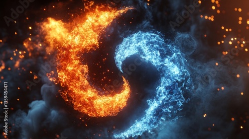 Fiery yin and yang symbol with ice and smoke effects – dynamic energy balance with sparks and flames in a dark abstract background
