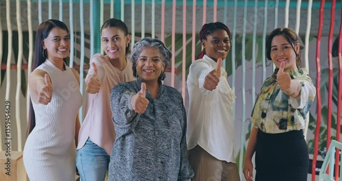 Indian happy active woman lady expert group show thumps up do hand sign look cam make pose at job work place Asian smiling young adult proud girl female staff good team staring camera indoor office