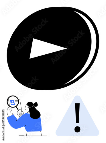 Large play button icon, person examining ID card with magnifying glass, exclamation mark in triangle. Ideal for video content, user authentication, alert systems, security, caution, media streaming