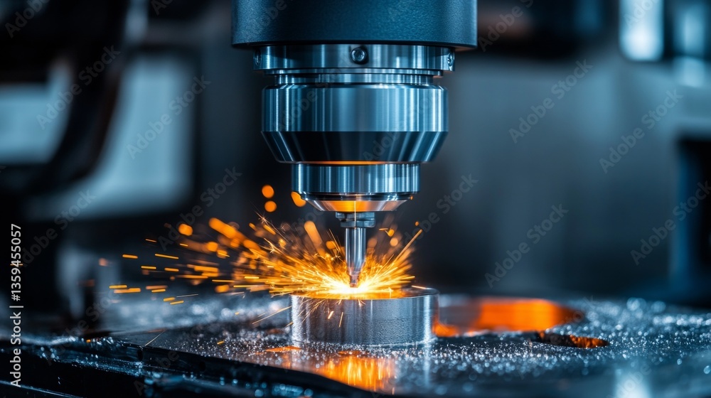 CNC Milling Machine in Action, Cutting Metal with Sparks, Close Up, Industrial Manufacturing CNC Milling Machine in Action, Cutting Metal with Sparks, Close Up, Industrial Manufacturing