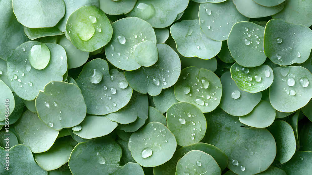 Obraz premium Green Wonders: Dew-kissed leaves in harmonious pattern, showcasing the delicate beauty and refreshing purity of nature.