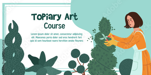Horizontal banner template with invitation to topiary art courses. A woman trims conifers in the garden. Vector illustration