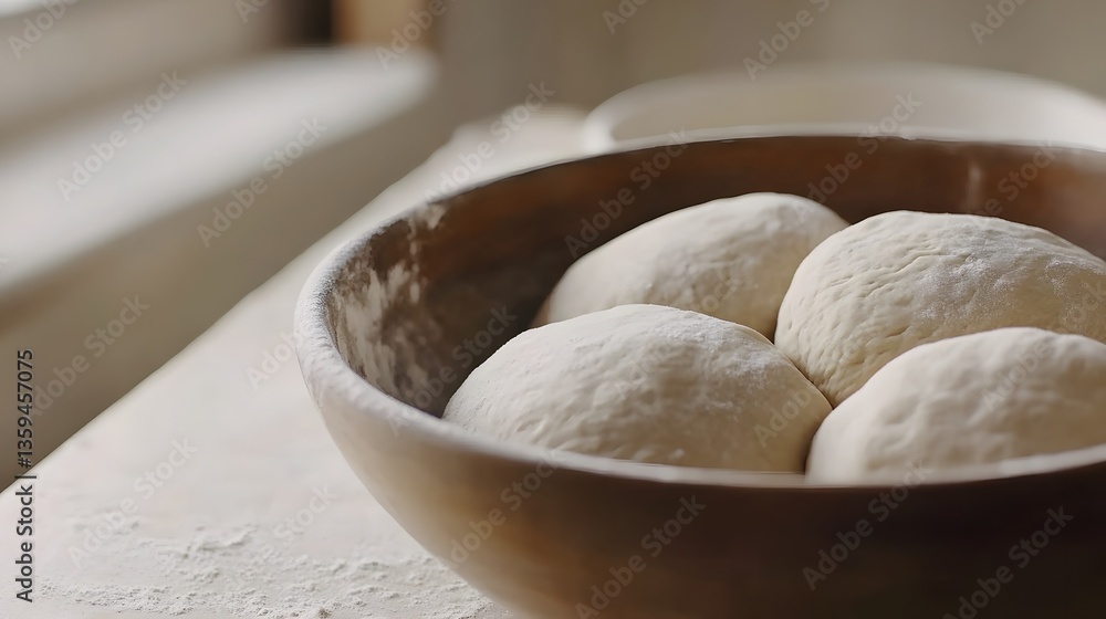 Fototapeta premium Artisan Bread Dough Balls in Wooden Bowl, Baking Preparation
