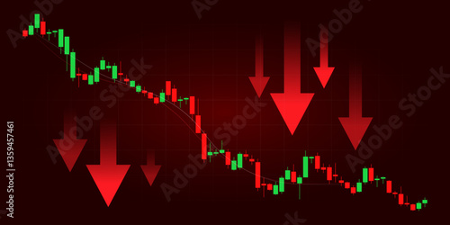 Stock Exchange Market Trading Down Graph with Red Candlestick Patterns Arrow Loss Investment and Financial Trends Ideal for Trade Analysis Economic Forecast and Crisis Market Dashboard Visualization