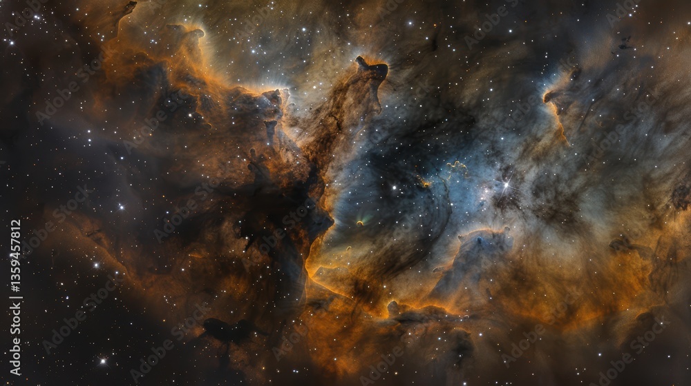 Fototapeta premium Nebula with swirling clouds of vibrant colors and glowing stars illuminated by a distant supernova in deep space