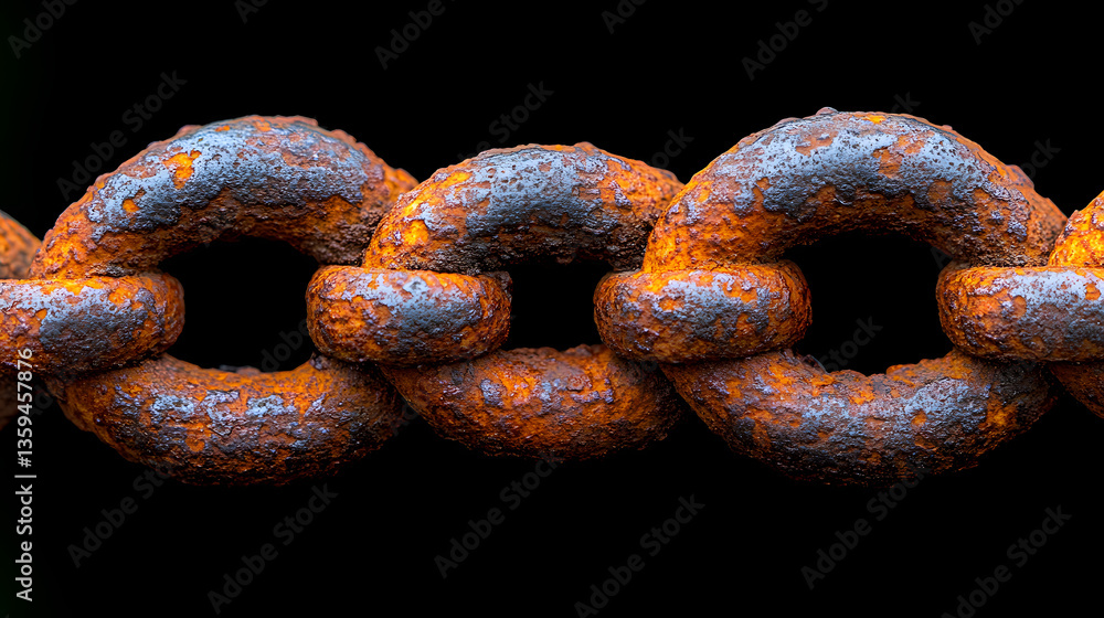 Rusty Chain: An up-close view of a rusty chain, each link showcasing the texture of decay and oxidation, set against a dark background. Capturing texture, age and decay. Rusty Chain: An up-close view of a rusty chain, each link showcasing the texture of decay and oxidation, set against a dark background. Capturing texture, age and decay.