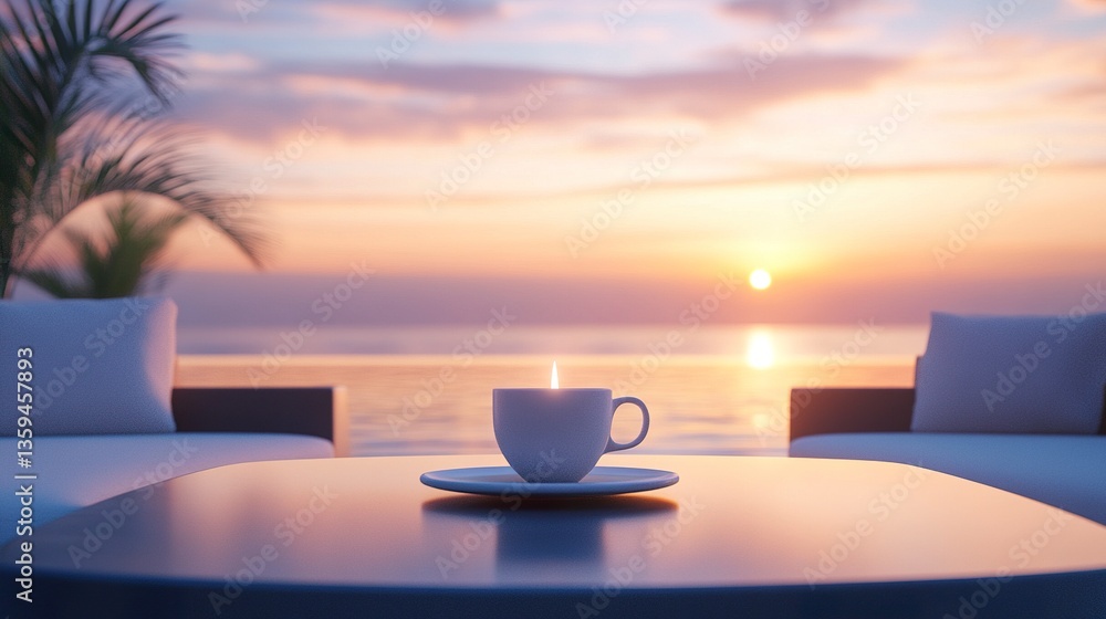 Obraz premium Open living room of a high-end mansion, featuring modern outdoor sofas, coffee cup and candle on a central table, sleek bar backdrop, infinity pool seamlessly connecting to the ocean at sunrise 