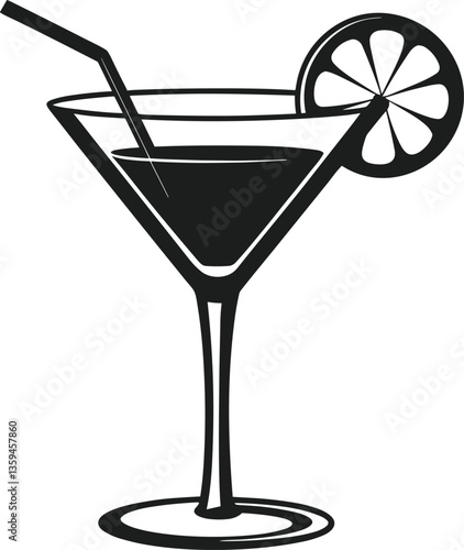 Elegant Cocktail Glass Silhouette with Lemon Slice and Straw – Vector Illustration