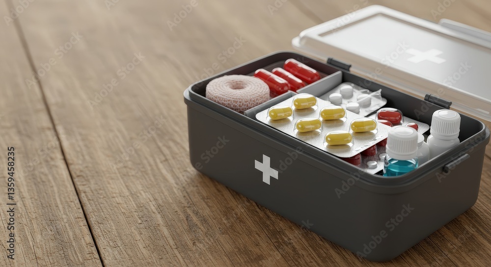 First Aid Kit with Medications on Wooden Table First Aid Kit with Medications on Wooden Table