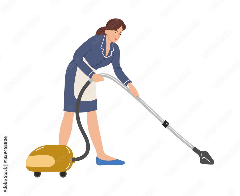 A woman in a blue uniform is cleaning a floor with a vacuum. Vector illustration isolated on white background A woman in a blue uniform is cleaning a floor with a vacuum. Vector illustration isolated on white background