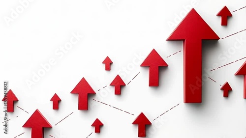 Dynamic animation background, upward red arrows representing growth and progress, copy space