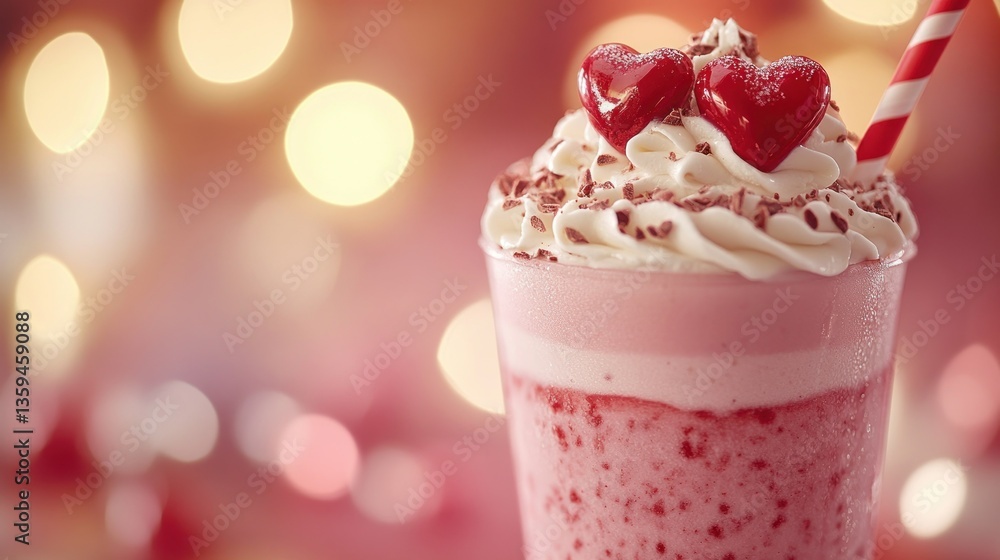 Festive, Valentine's-themed milkshake. Layered pink drink, topped with whipped cream, chocolate shavings, and heart-shaped candies. Festive lighting adds romantic ambiance Festive, Valentine's-themed milkshake. Layered pink drink, topped with whipped cream, chocolate shavings, and heart-shaped candies. Festive lighting adds romantic ambiance