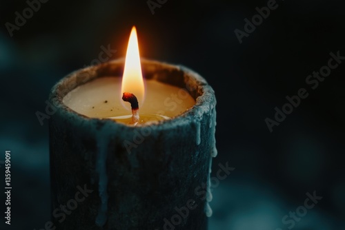 Close-up of a flickering candle illuminating darkness in a tranquil setting